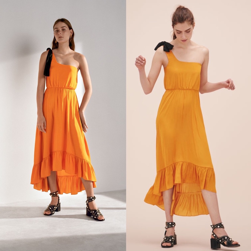 Maje Rasti One-Shoulder Satin Midi Dress in Yellow - Picture 11 of 12